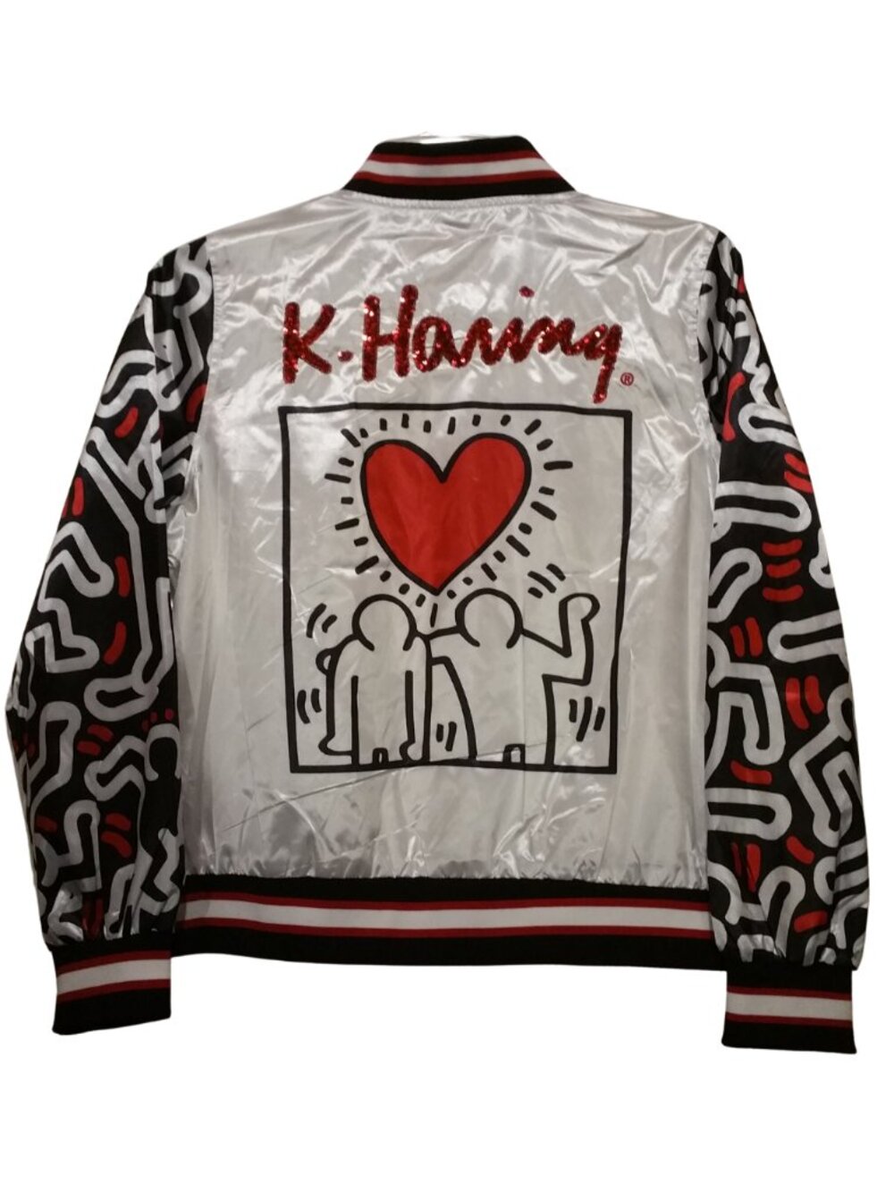 Members Only x Keith Haring Satin Bomber Jacket White Red Heart Size L - NEW